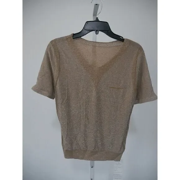 Khaki Metallic Cap-Sleeve Top S #1904-D3 - Picture 2 of 7